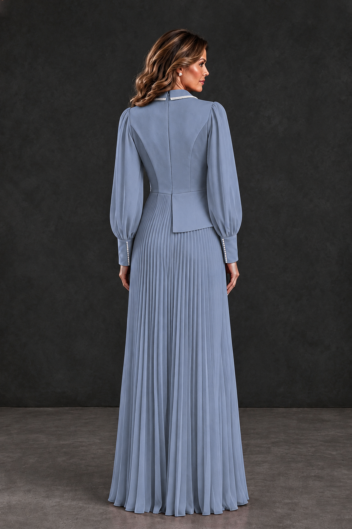 BOLODOO Dusty Blue Long Sleeve Pleated Mother of the Bride Dress - Dusty Blue - Dusty Blue_2