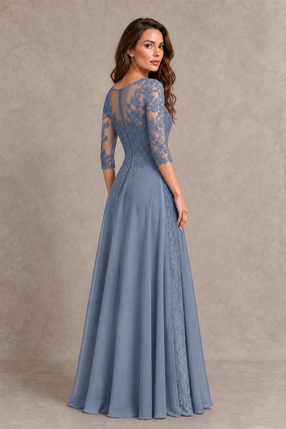 BOLODOO Midnight Dusty Blue Beaded Lace Appliqué Chiffon A-Line Gown | Mother of the Bride & Formal Evening Dress - Dusty Blue - Dusty Blue_2