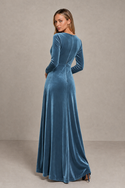 BOLODOO Dusty Blue Velvet Long Sleeve V-Neck Ruched Evening Dress - Dusty Blue - Dusty_Blue_2