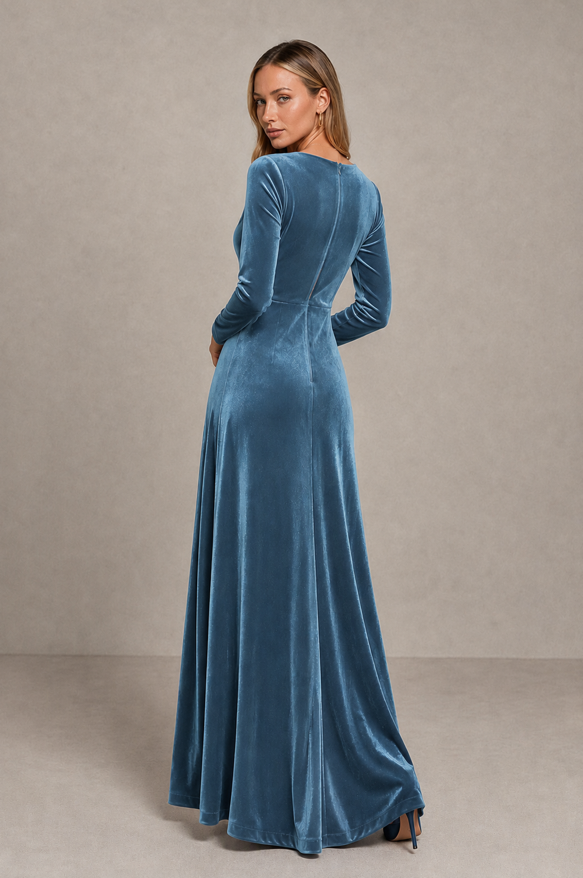 BOLODOO Dusty Blue Velvet Long Sleeve V-Neck Ruched Evening Dress - Dusty Blue - Dusty_Blue_2
