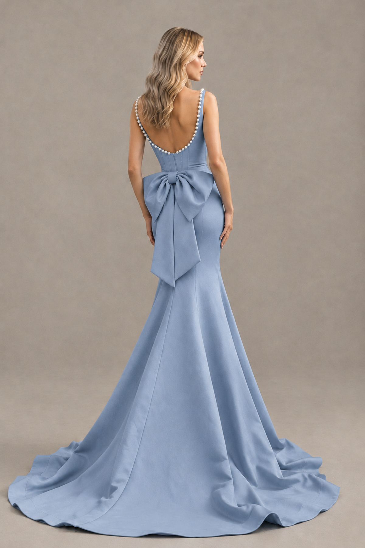 BOLODOO Dusty Blue Pearl-Trim Mermaid Prom Dress with Back Bow - Dusty Blue - Dusty_Blue_2