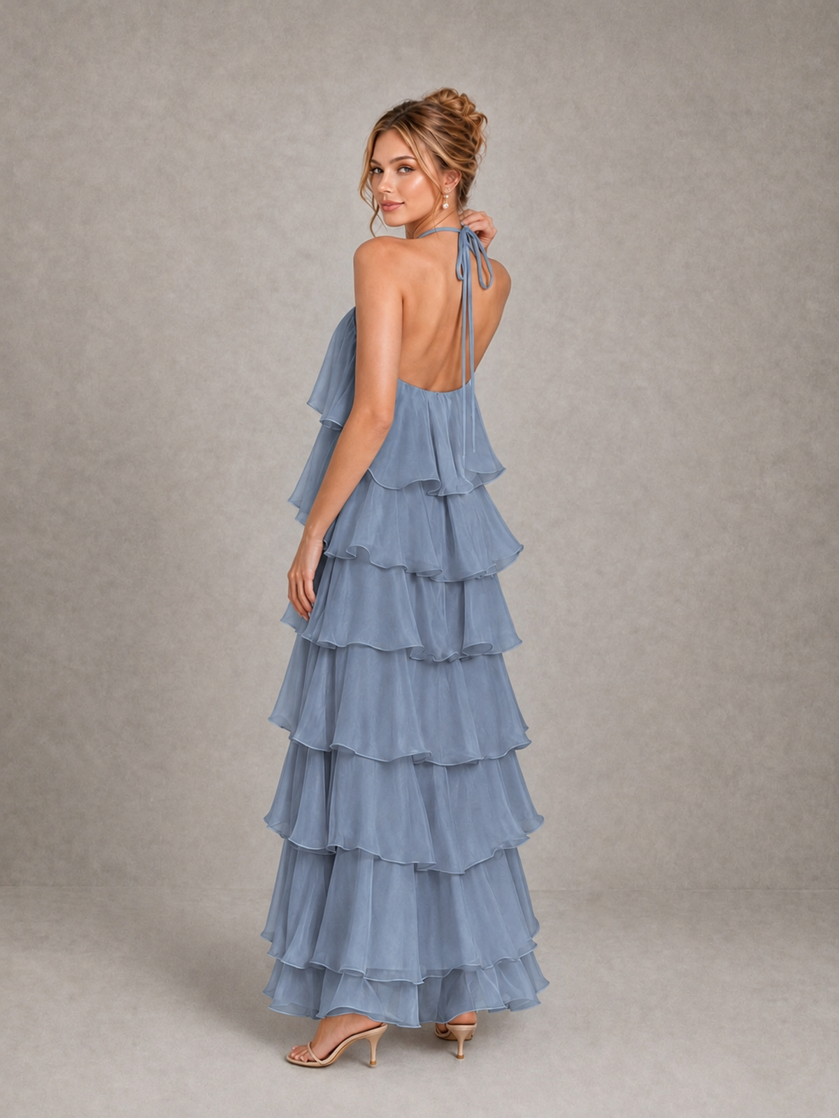 BOLODOO Dusty Blue Halter Tiered Ruffle Maxi Bridesmaid Dress - Dusty Blue - Dusty Blue_2