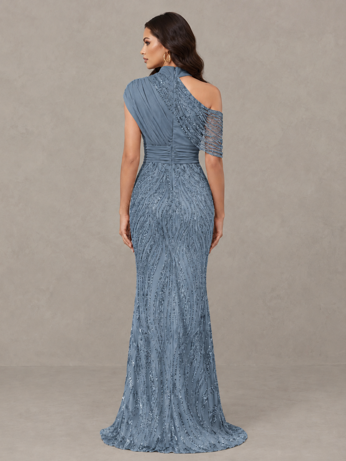 BOLODOO Dusty Blue High Neck Draped Sequin Mermaid Evening Gown - Dusty Blue - Dusty Blue_2