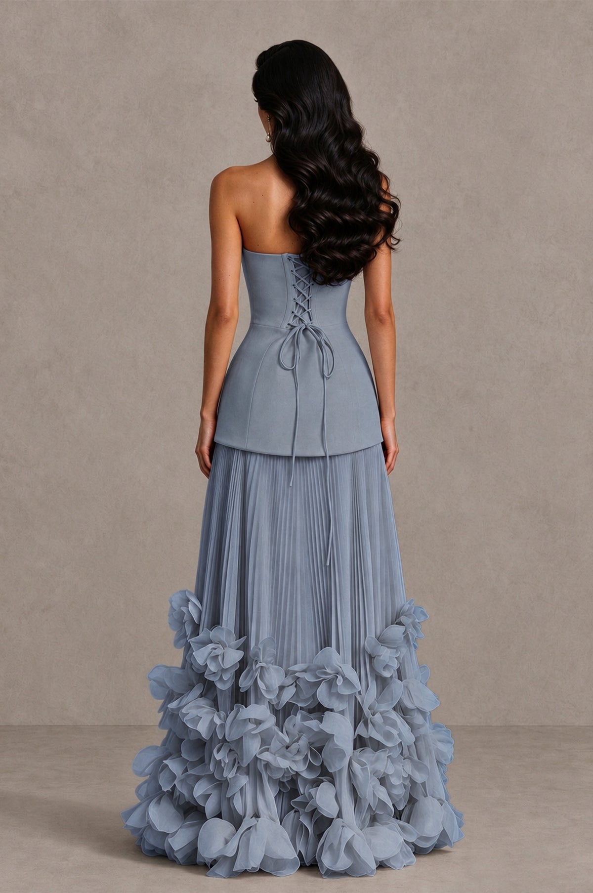 BOLODOO Dusty Blue Strapless Pleated Floral Hem Evening Gown - Dusty Blue - Dusty Blue_2