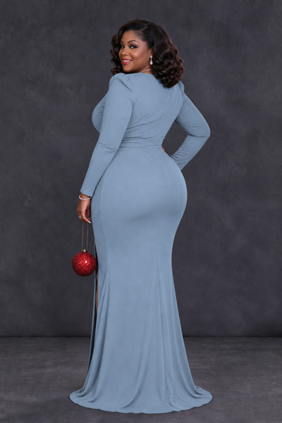 BOLODOO Dusty Blue Plus Size Long Sleeve V-Neck Mother of the Bride Dress with Slit - Dusty Blue - Dusty Blue_2