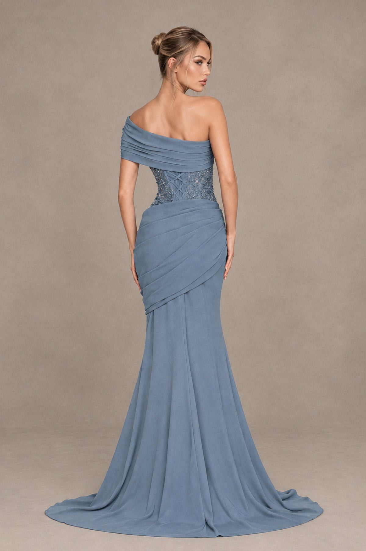 BOLODOO Dusty Blue One-Shoulder Sequin Embroidered Ruched Mermaid Gown with Train - Dusty Blue - Dusty Blue_2