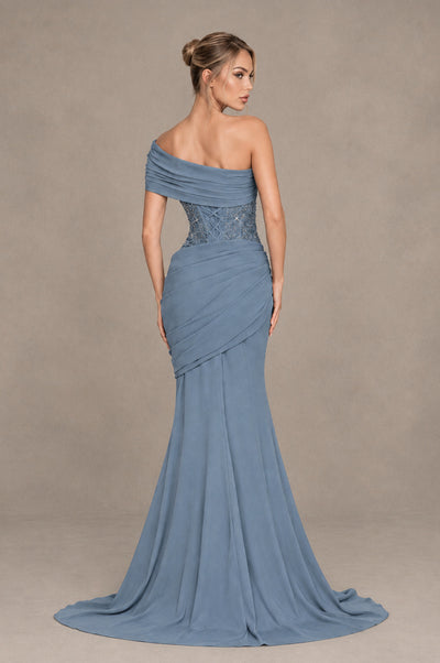 BOLODOO Dusty Blue One-Shoulder Sequin Embroidered Ruched Mermaid Gown with Train - Dusty Blue - Dusty Blue_2