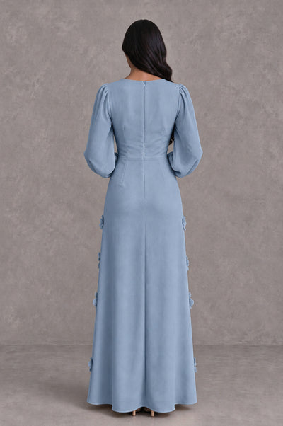 BOLODOO Dusty Blue Long Sleeve Floral Applique A-Line Evening Dress - Dusty Blue - Dusty Blue_2