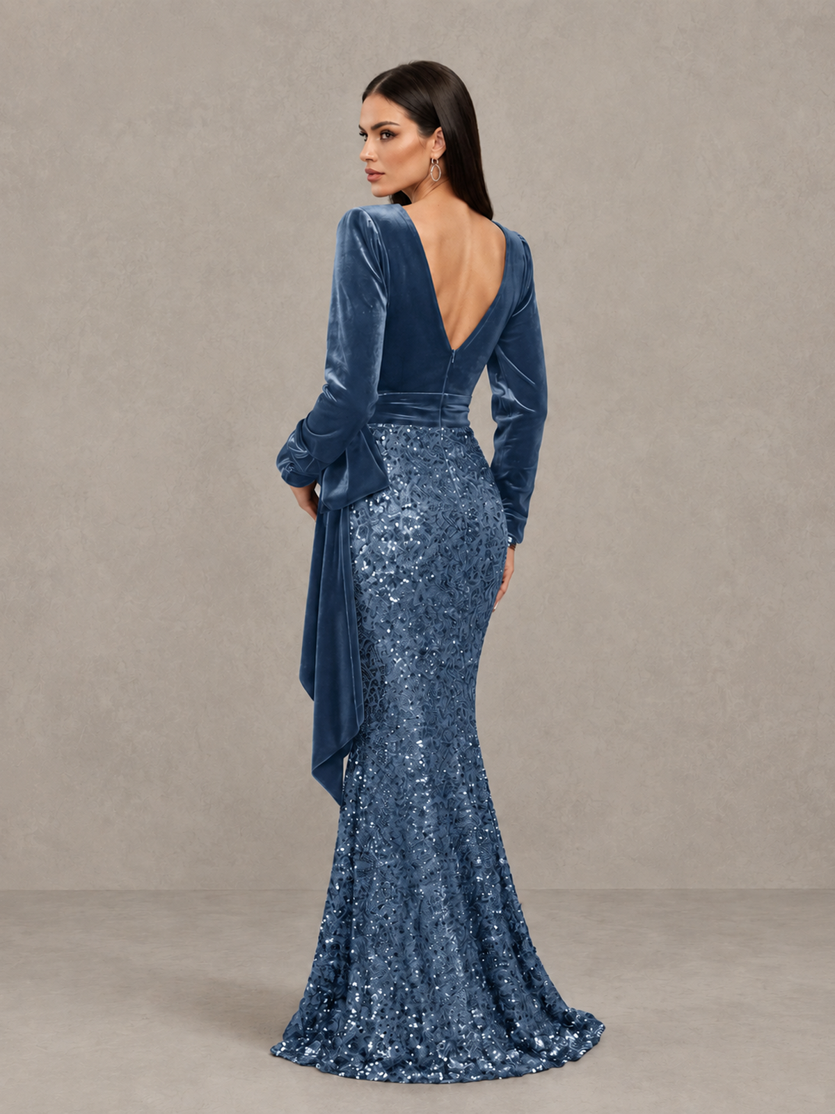 BOLODOO Dusty Blue Velvet & Sequin Long Sleeve V-Neck Mermaid Evening Gown - Dusty Blue - Dusty Blue_2
