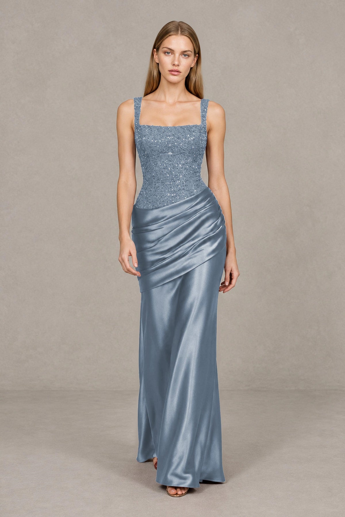BOLODOO Dusty Blue Square Neck Embellished Satin Evening Gown - Dusty Blue