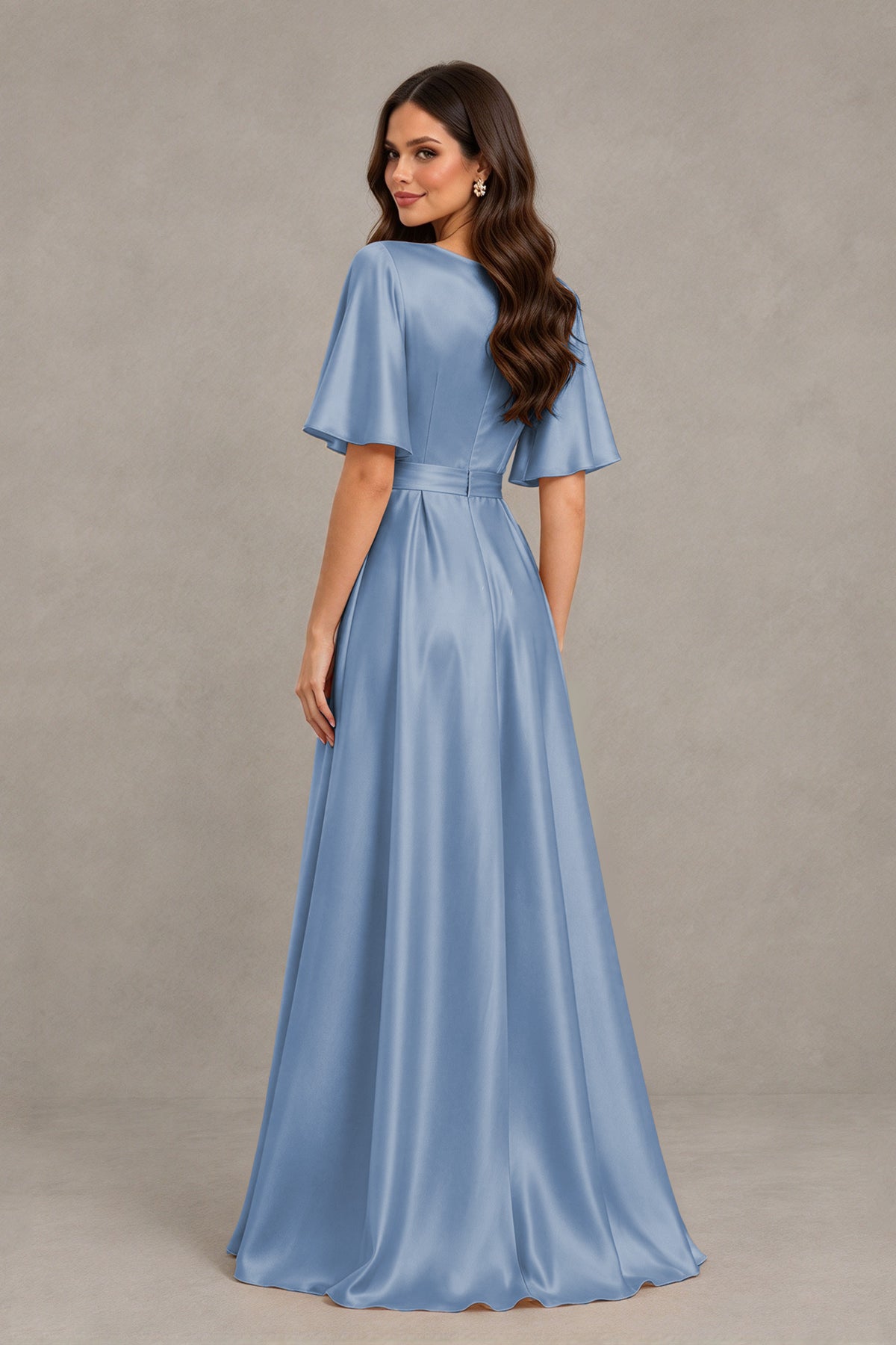 BOLODOO Dusty Blue Satin V-Neck Flutter Sleeve Bridesmaid Dress with Slit - Dusty Blue - Dusty Blue(2)