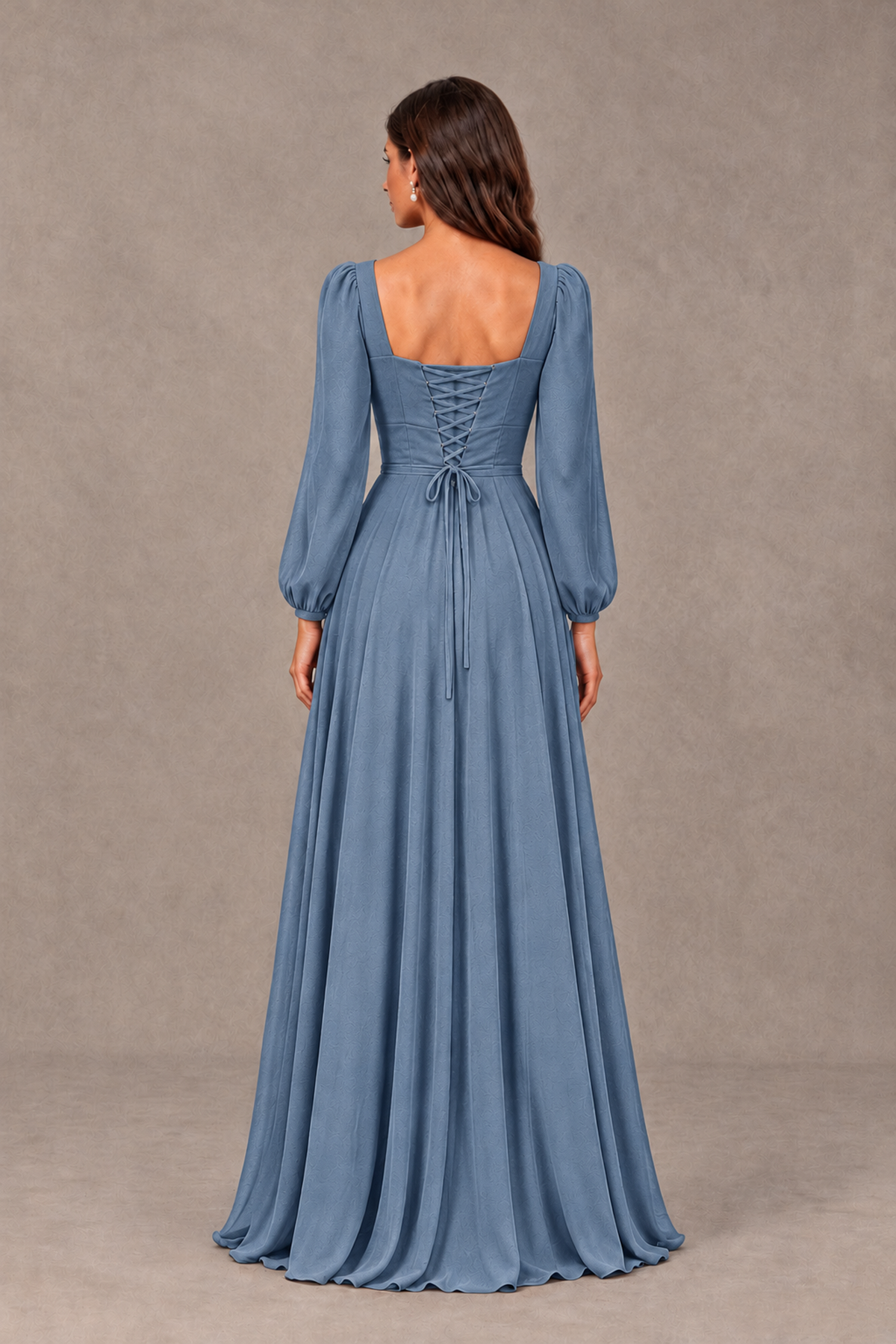 BOLODOO Dusty Blue Square Neck Long Sleeve A-Line Bridesmaid Dress - Dusty Blue - Dusty Blue_2
