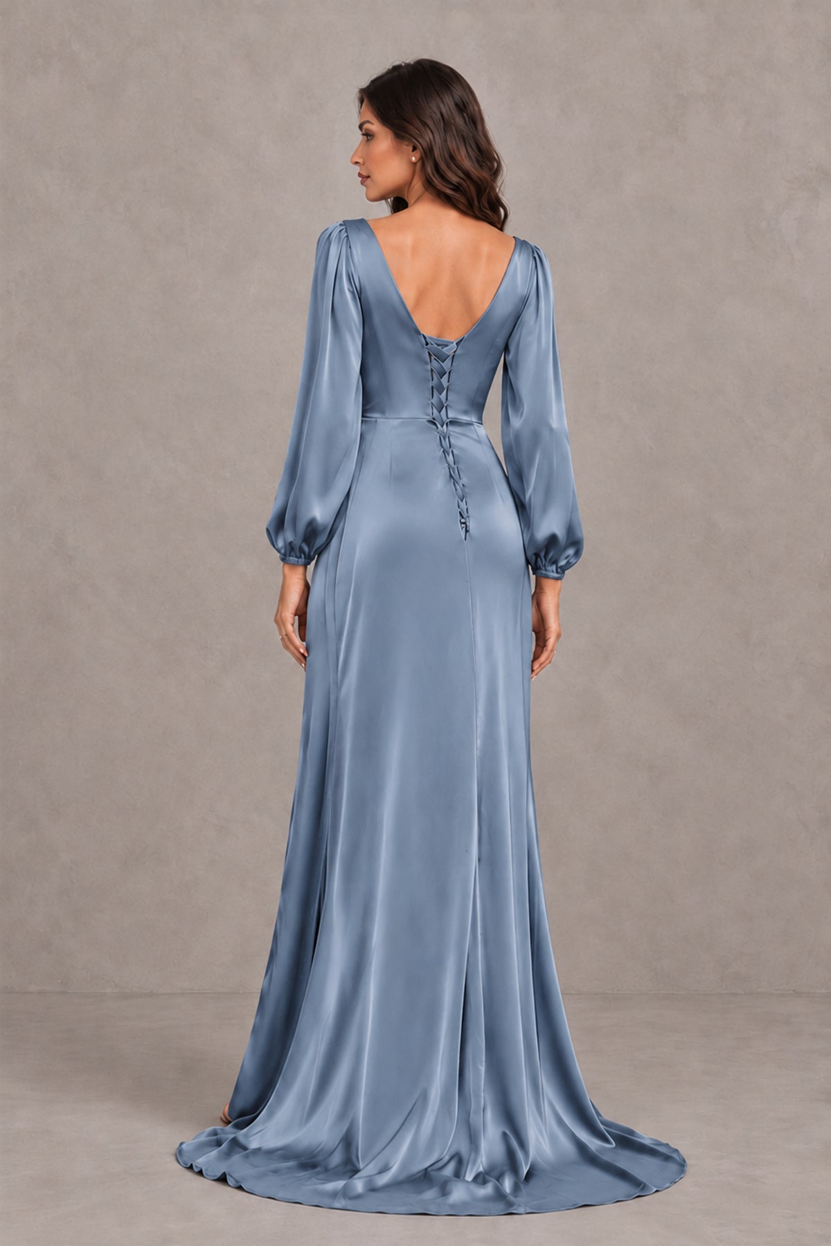 BOLODOO Dusty Blue Satin-Look Long Sleeve Evening Dress with High Slit - Dusty Blue - Dusty Blue_2