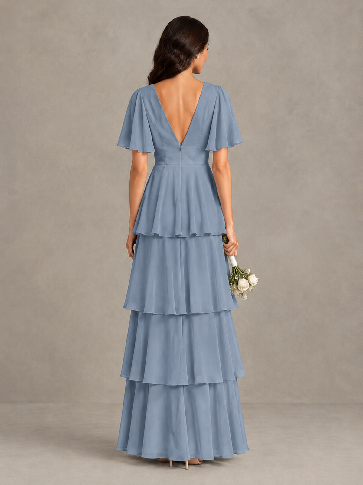 BOLODOO Dusty Blue Tiered Flutter Sleeve Bridesmaid Dress - Dusty Blue - Dusty Blue_2