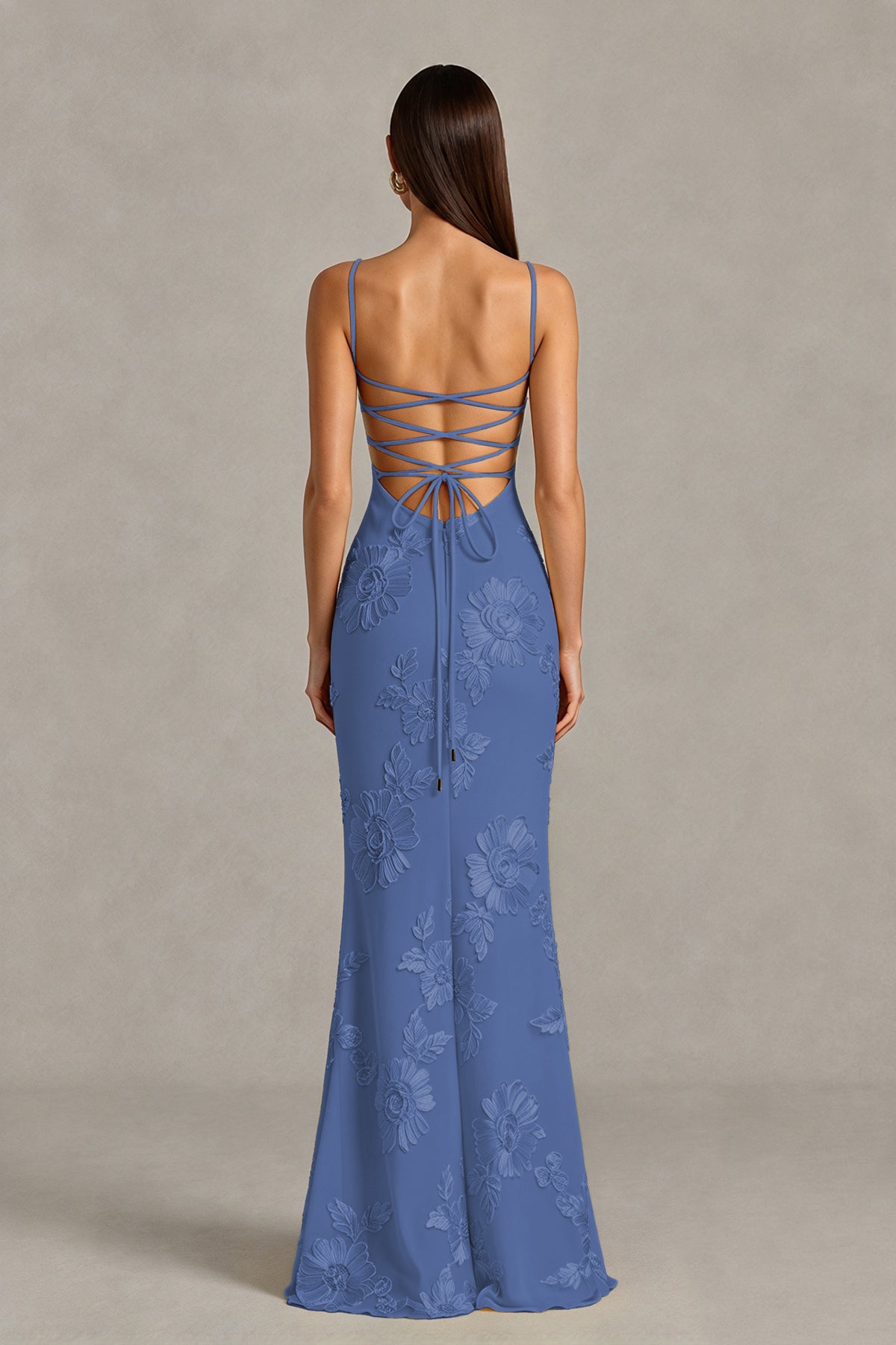 BOLODOO Dusty Blue Floral Lace-Up Back Mermaid Maxi Dress - Dusty Blue