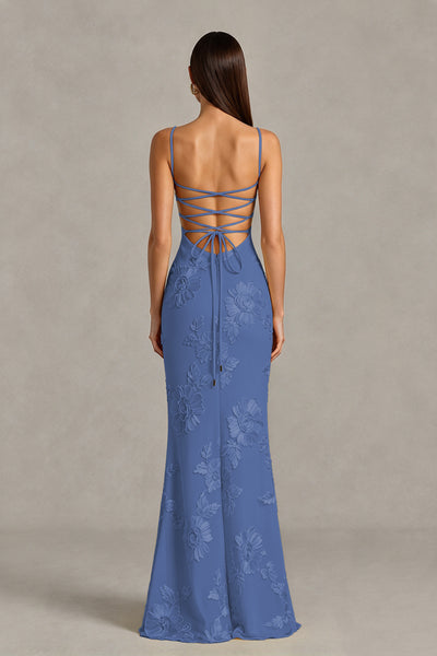 BOLODOO Dusty Blue Floral Lace-Up Back Mermaid Maxi Dress - Dusty Blue