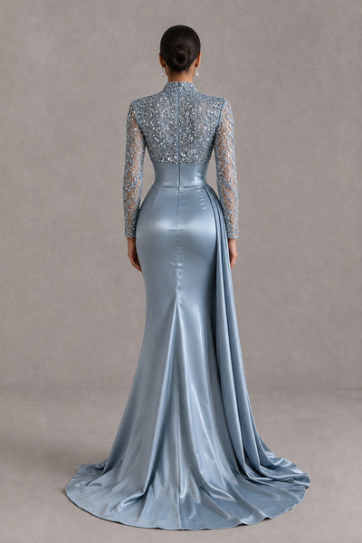 BOLODOO Dusty Blue Long Sleeve Embellished Satin Mermaid Evening Gown - Dusty Blue - Dusty Blue_2