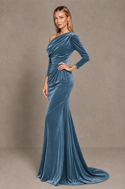 BOLODOO Dusty Blue Velvet Asymmetric Neck Mermaid Evening Dress - Dusty Blue - Dusty_Blue_2