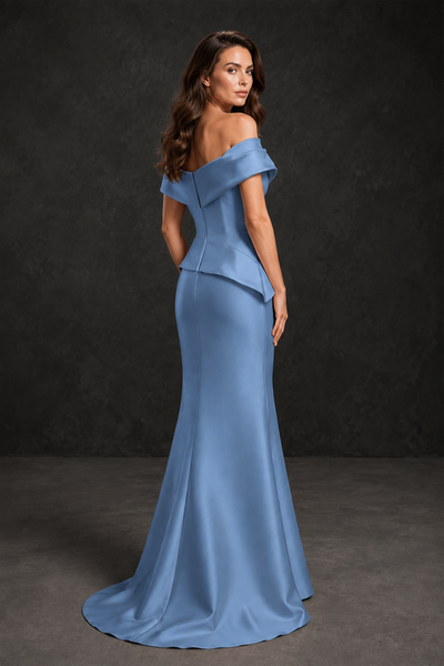BOLODOO Dusty Blue Satin Off-Shoulder Sweetheart Asymmetric Peplum Mermaid Gown with Dusty Blue Floral Embroidery | MOB Evening Dress - Dusty Blue