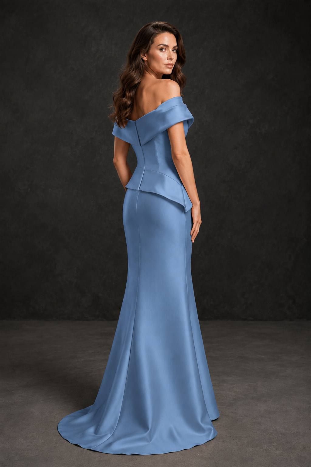 BOLODOO Dusty Blue Satin Off-Shoulder Sweetheart Asymmetric Peplum Mermaid Gown with Dusty Blue Floral Embroidery | MOB Evening Dress - Dusty Blue