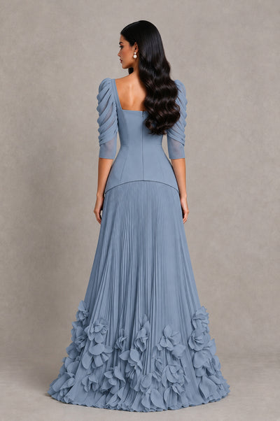 BOLODOO Dusty Blue Square Neck Pleated Floral Applique Evening Dress - Dusty Blue - Dusty Blue_2