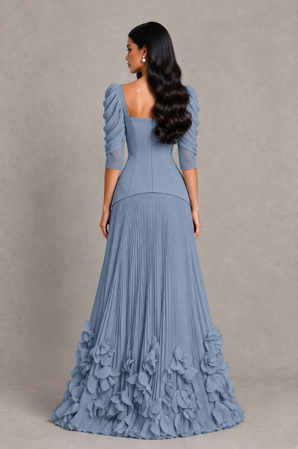 BOLODOO Dusty Blue Square Neck Pleated Floral Applique Evening Dress - Dusty Blue - Dusty Blue_2
