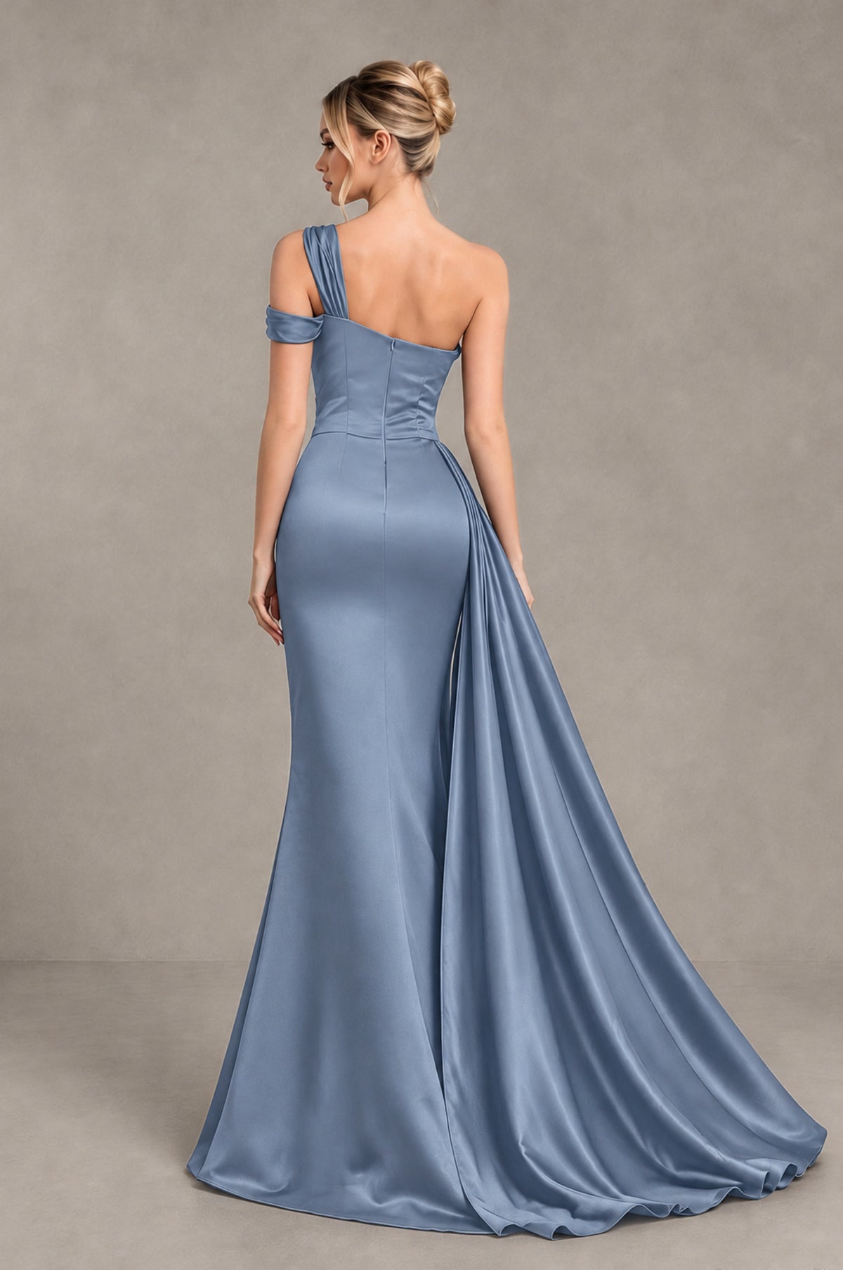 BOLODOO Dusty Blue Asymmetric Ruched Formal Evening Dress - Dusty Blue - Dusty Blue_2