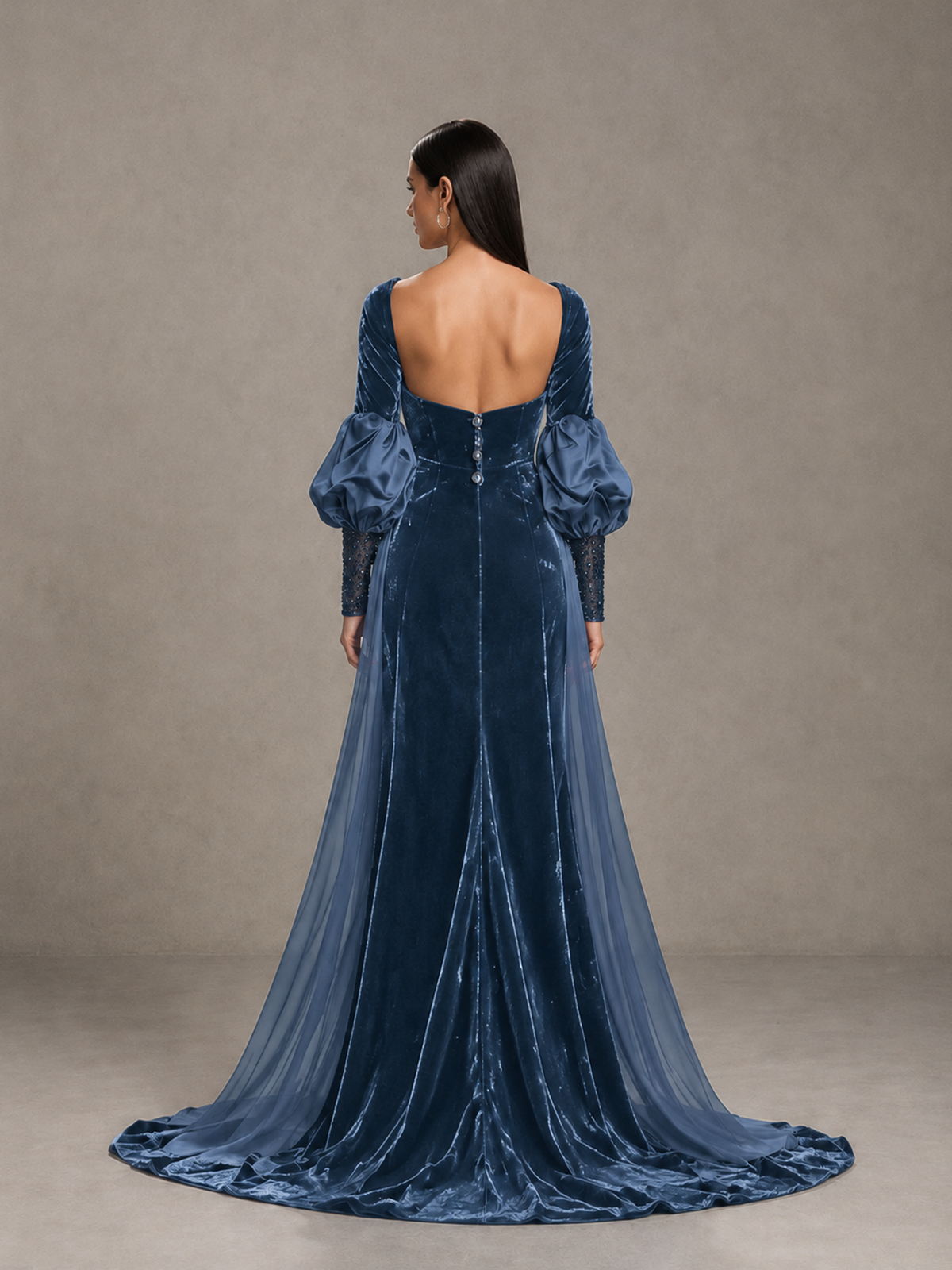 BOLODOO Dusty Blue Velvet Long Sleeve Open-Back Evening Gown - Dusty Blue - Dusty Blue_2