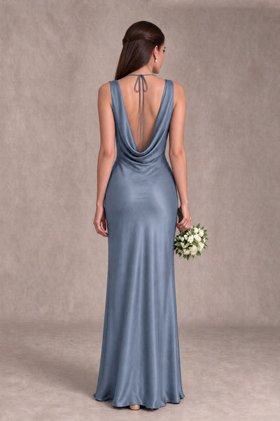 BOLODOO Dusty Blue Cowl Neck Open Back Satin Bridesmaid Dress - Dusty Blue - Dusty Blue_2