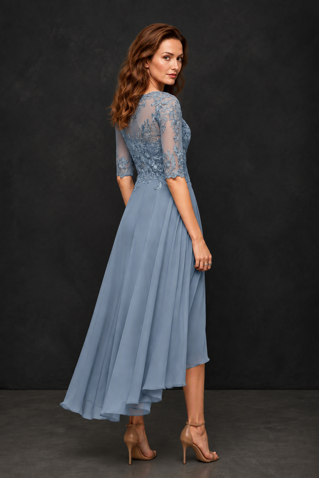 BOLODOO Dusty Blue Illusion Lace 3/4 Sleeve Hi-Lo Chiffon A-Line Dress | Mother of the Bride Tea Length Dress - Dusty Blue