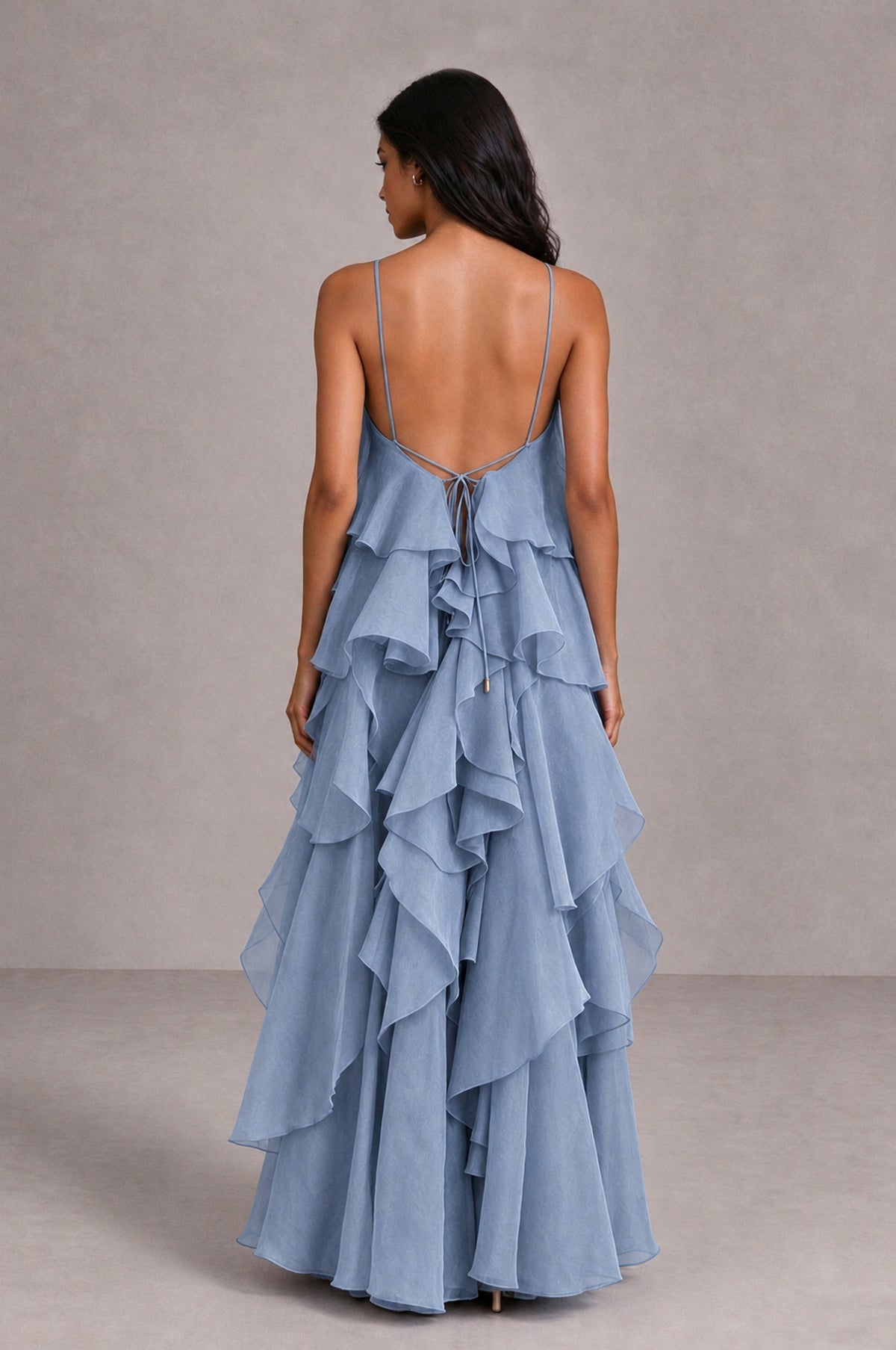 BOLODOO Dusty Blue Cascading Ruffle Rosette Open-Back Maxi Dress - Dusty Blue - Dusty Blue_2