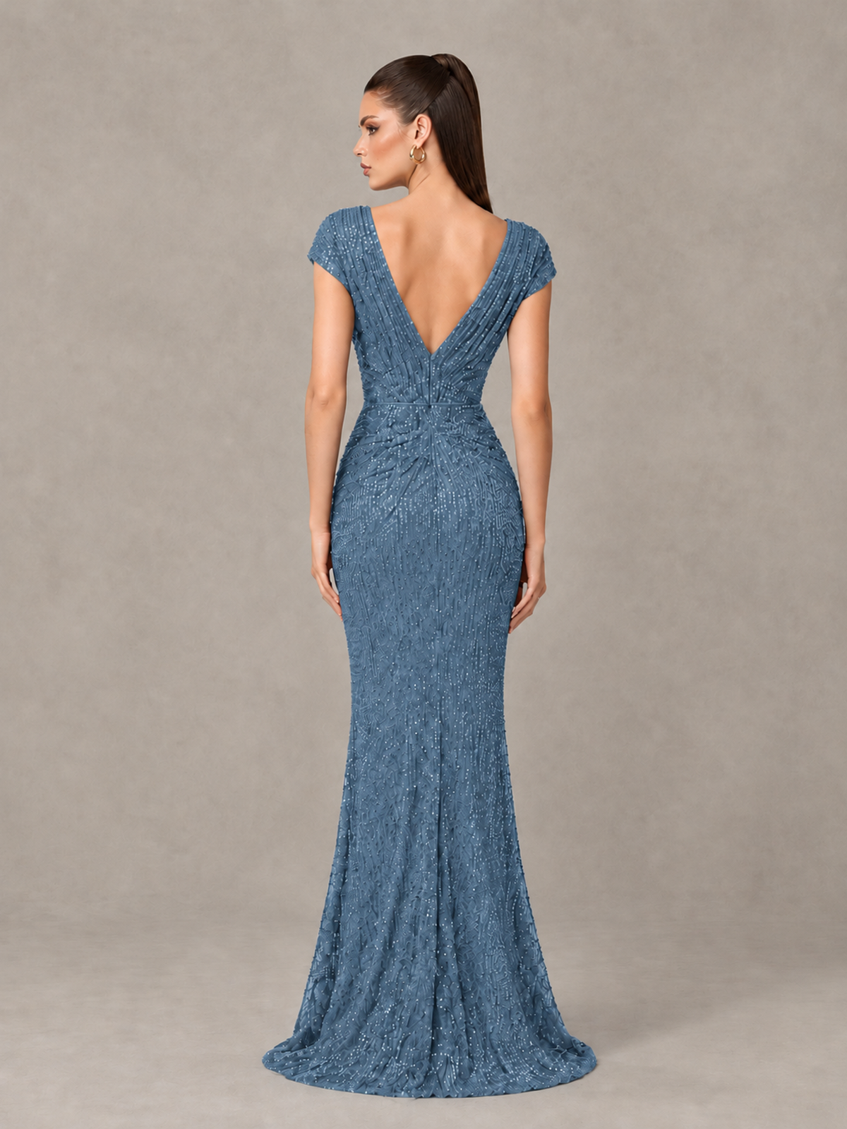 BOLODOO Dusty Blue Glitter V-Neck Cap Sleeve Ruched Mermaid Evening Gown - Dusty Blue - Dusty Blue_2