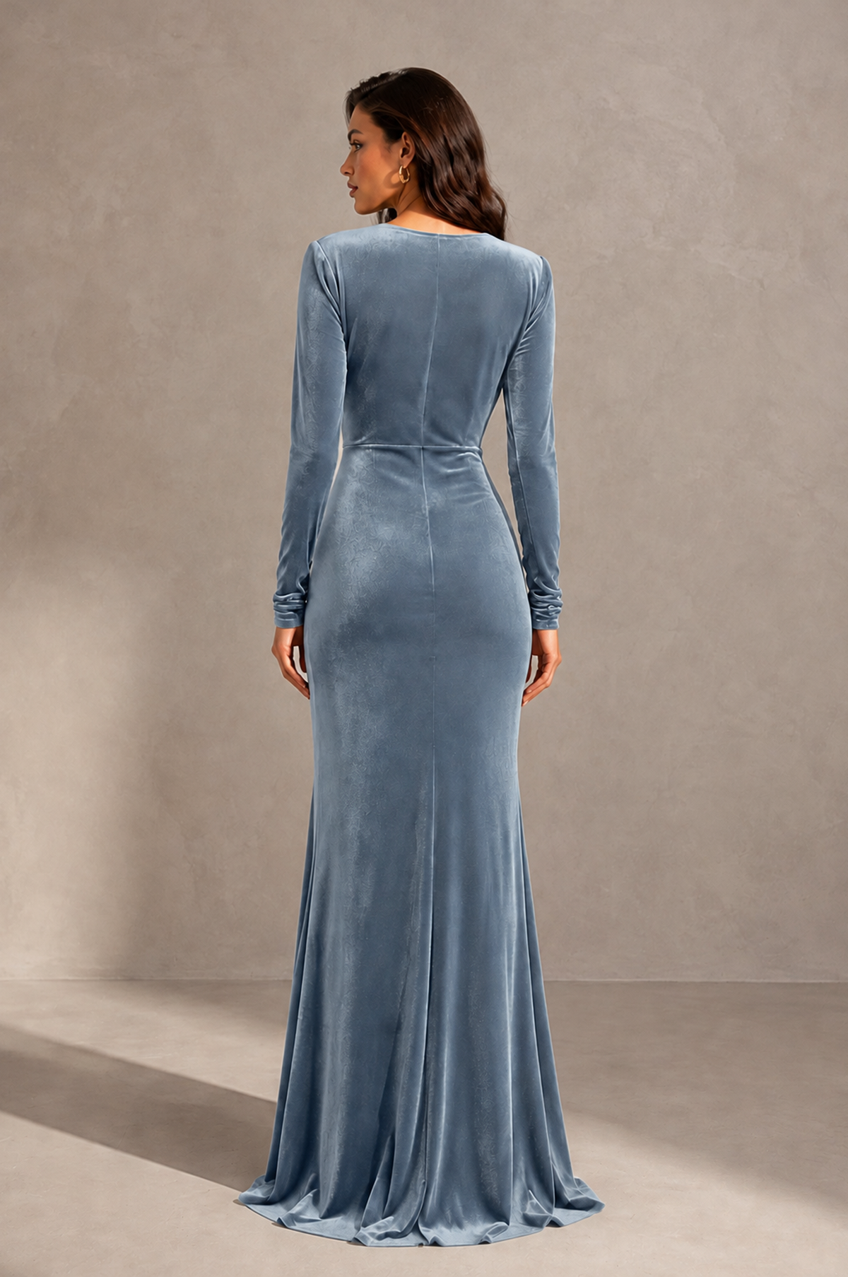 BOLODOO Dusty Blue Velvet Long Sleeve V-Neck Ruched Evening Gown - Dusty Blue