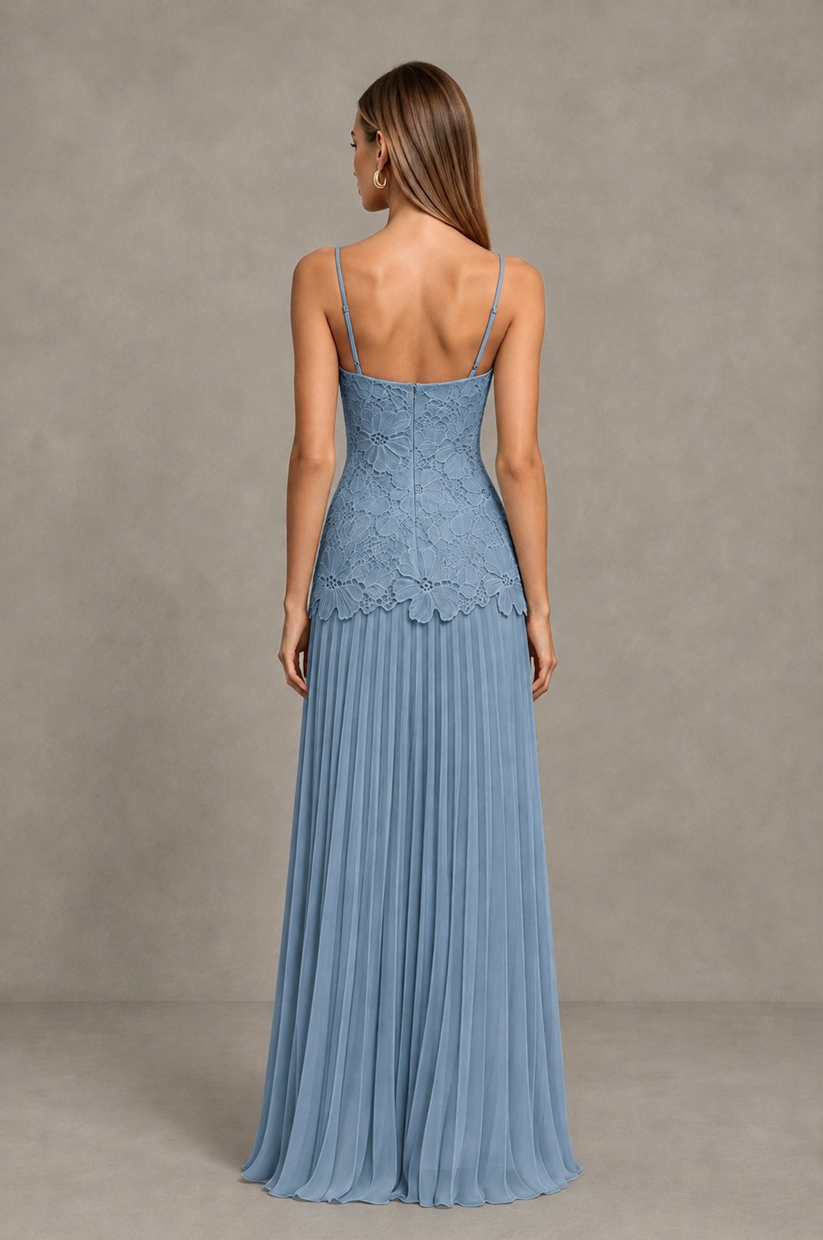 BOLODOO Dusty Blue Lace Bodice Pleated Wedding Guest Dress - Dusty Blue - Dusty Blue_2