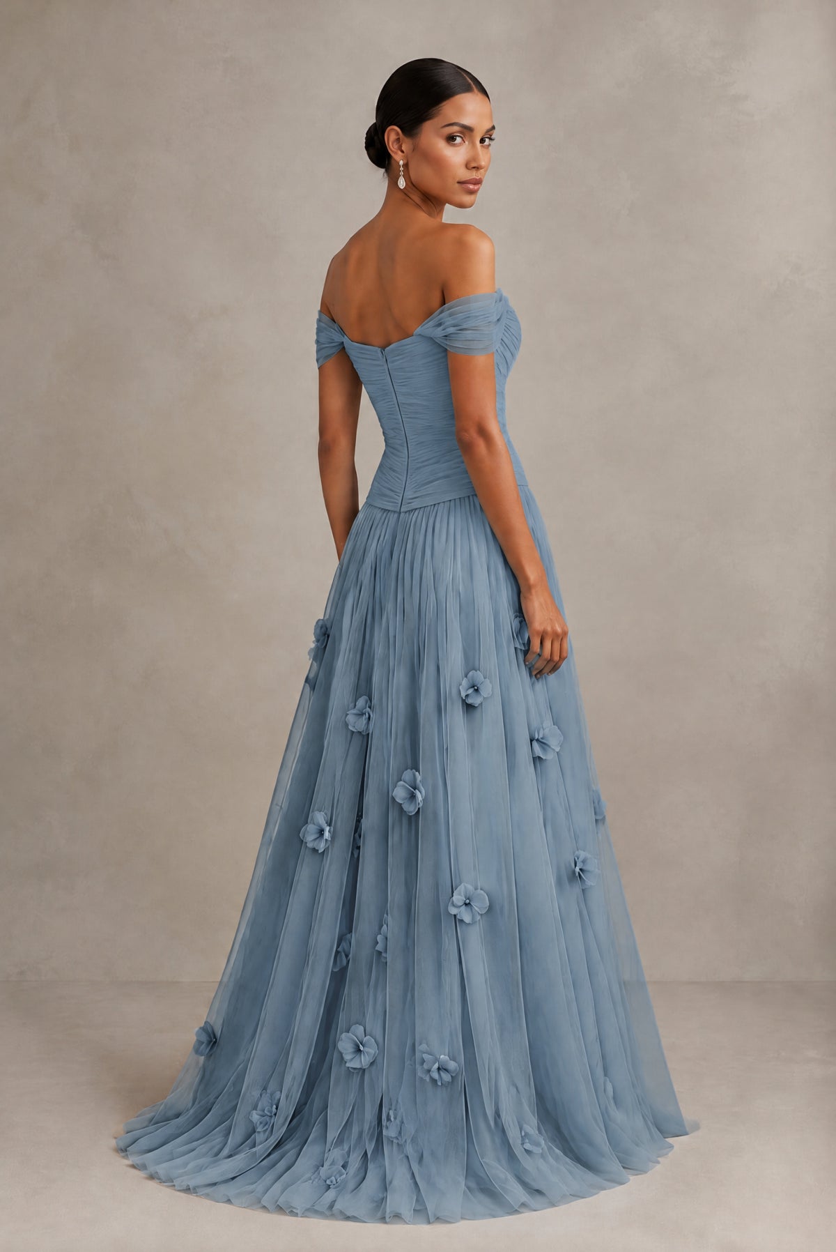 Dusty Blue Off-Shoulder Sweetheart A-Line Tulle Gown with 3D Floral Appliques | BOLODOO - Dusty Blue