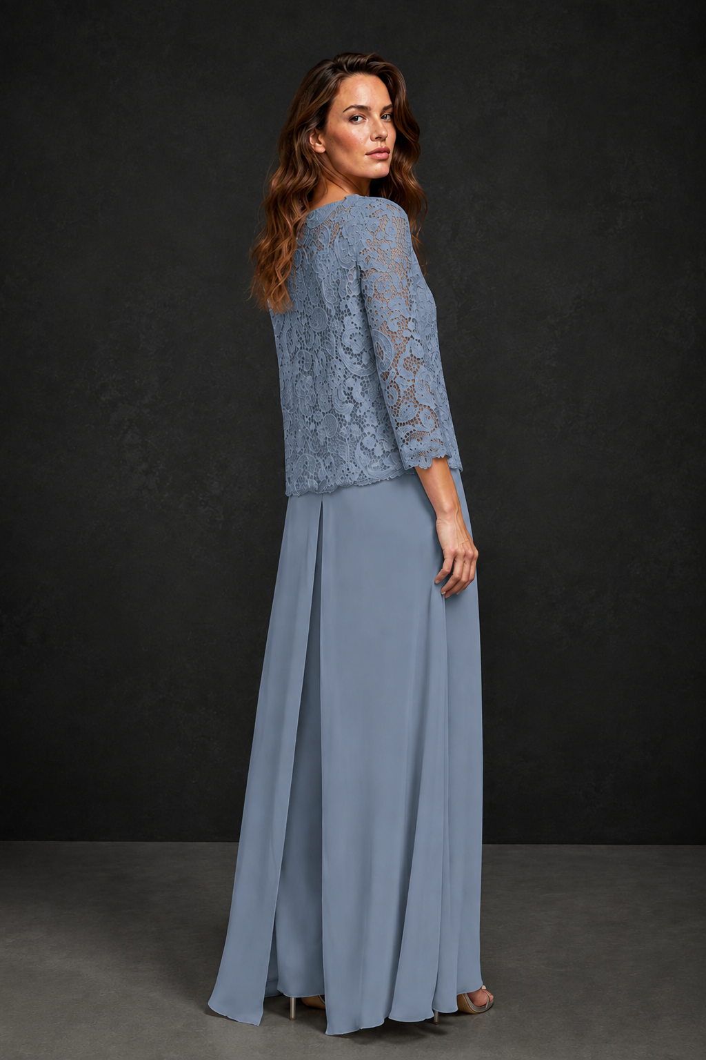 BOLODOO Dusty Blue Grey Lace Peplum Top & Wide-Leg Chiffon Pants Set | Mother of the Bride & Formal Evening Outfit - Dusty Blue