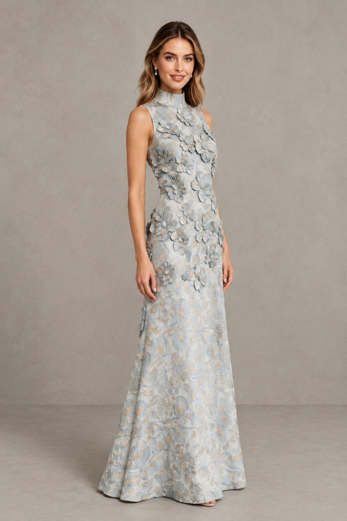 BOLODOO Dusty Blue High Neck Sleeveless 3D Floral Evening Gown - Dusty Blue