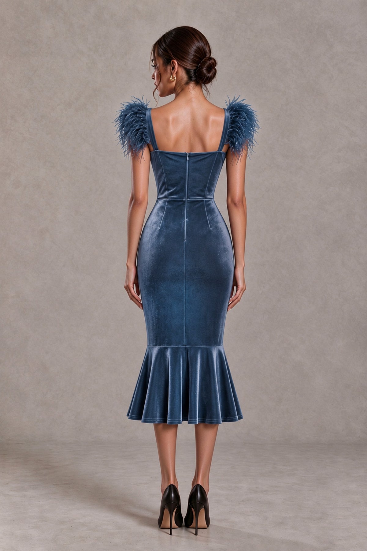 BOLODOO Dusty Blue Feather-Trim Velvet-Look Mermaid Midi Dress - Dusty Blue - Dusty Blue_2