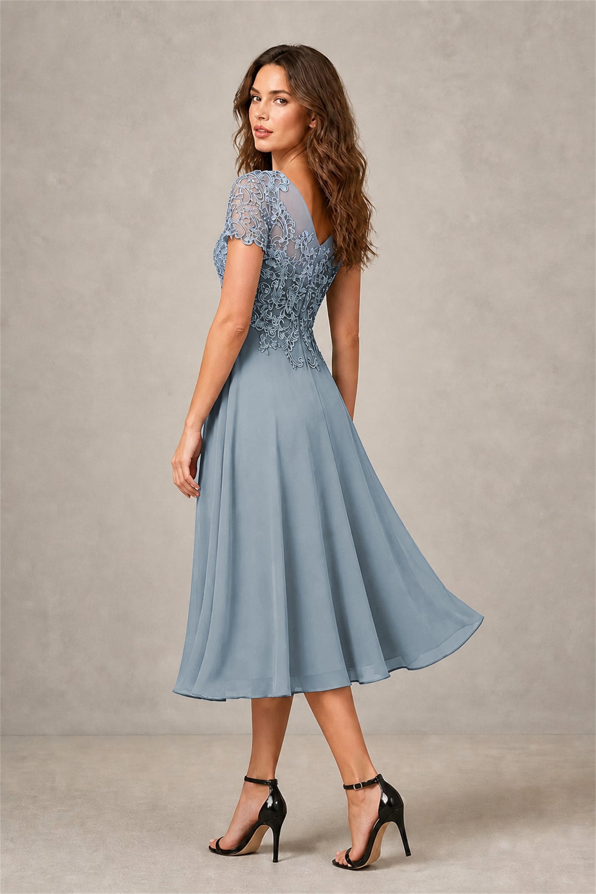 BOLODOO Steel Dusty Blue Beaded Lace Illusion Bodice Chiffon Tea-Length Dress | Mother of the Bride & Cocktail Party - Dusty Blue