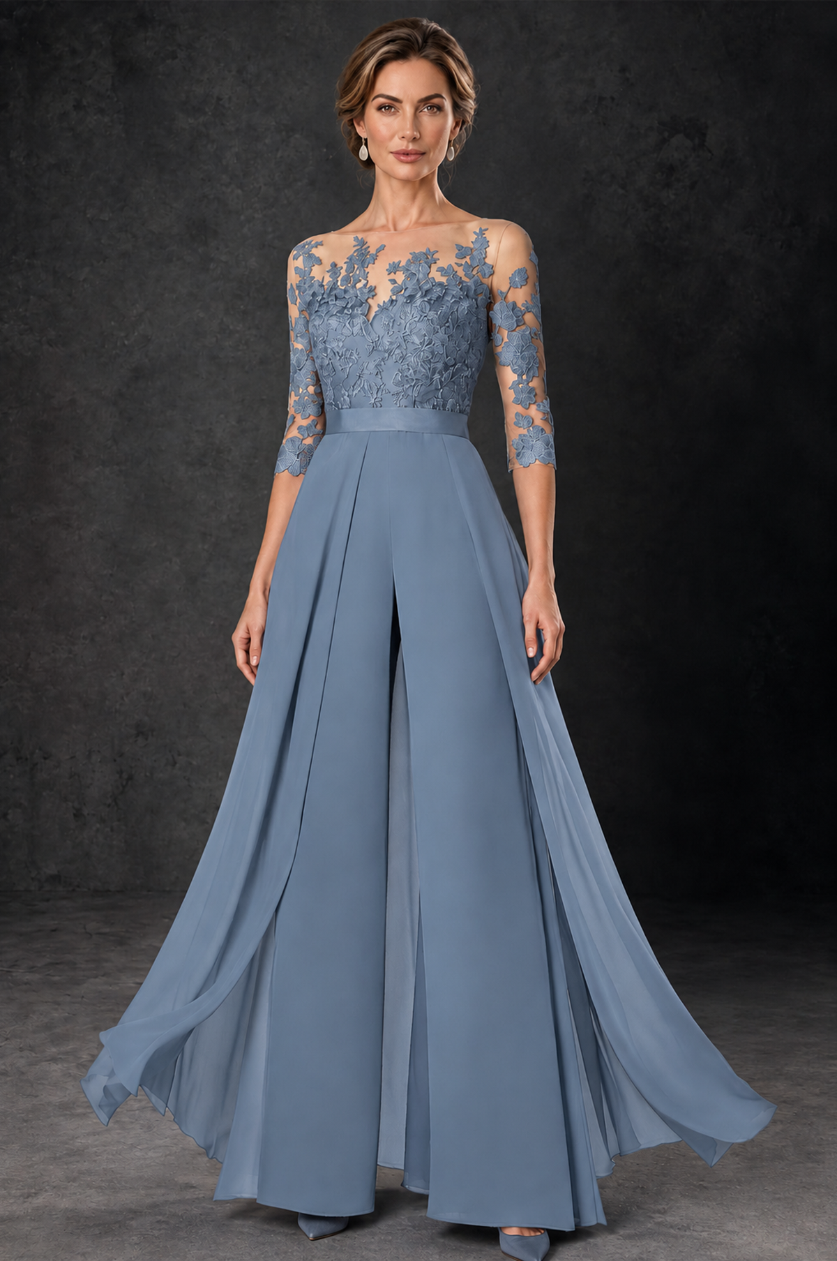 BOLODOO Dusty Blue Lace Wide-Leg Jumpsuit with Three-Quarter Sleeves - Dusty Blue - Dusty_Blue_2
