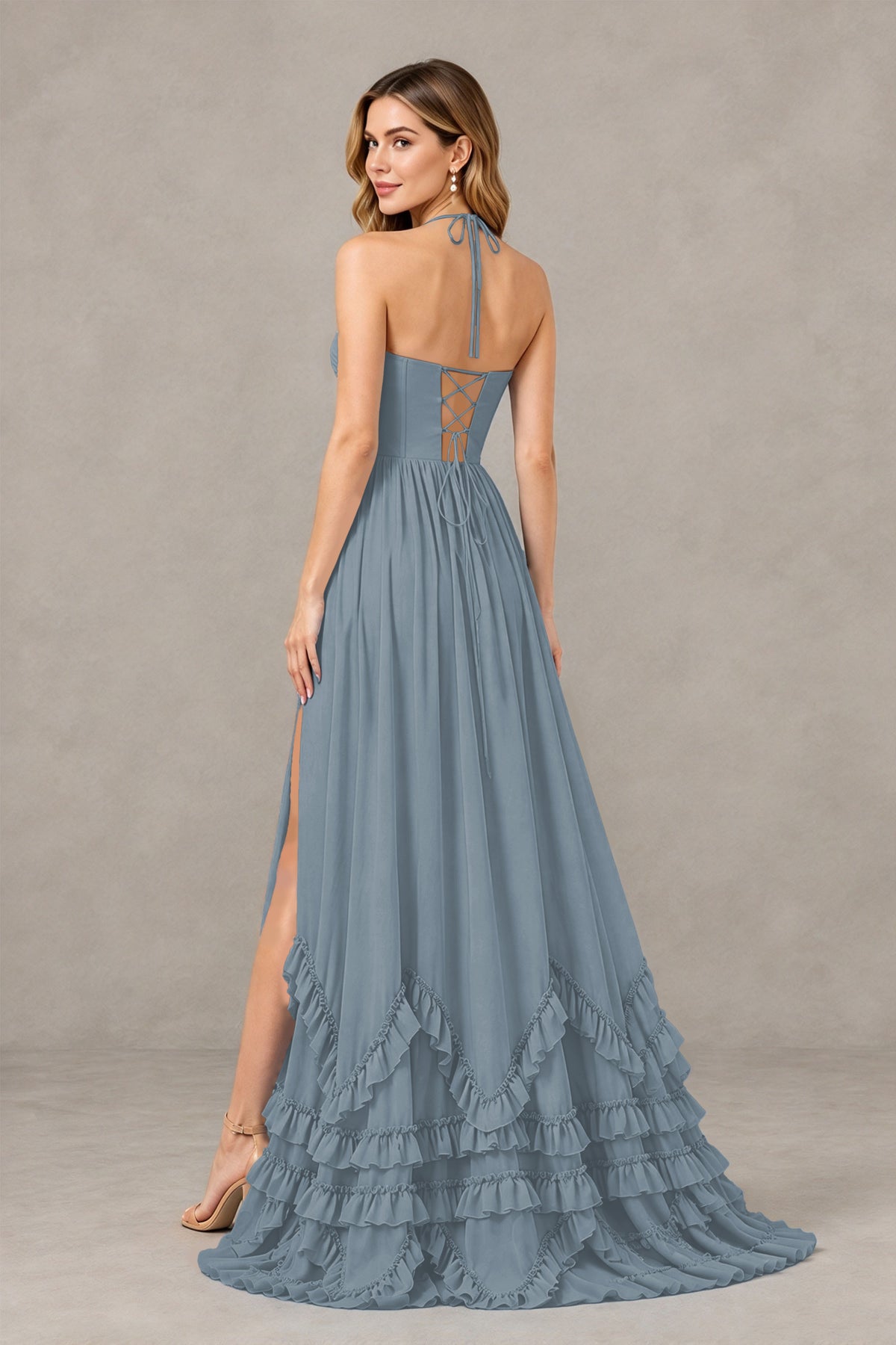 BOLODOO Dusty Blue Halter Ruffle Hem A-Line Bridesmaid Dress with High Slit - Dusty Blue - Dusty Blue(2)