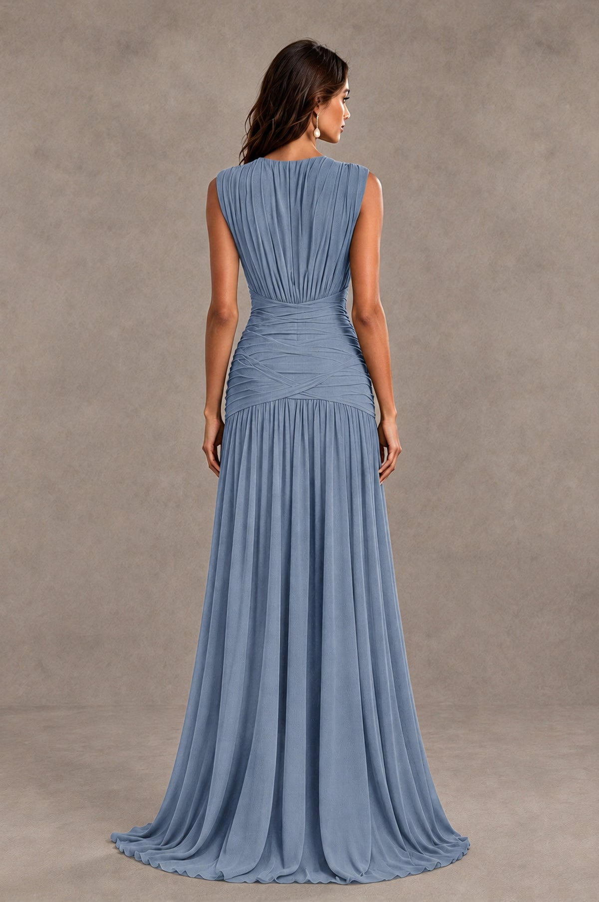 BOLODOO Dusty Blue V-Neck Ruched Wedding Guest Dress - Dusty Blue - Dusty Blue_2