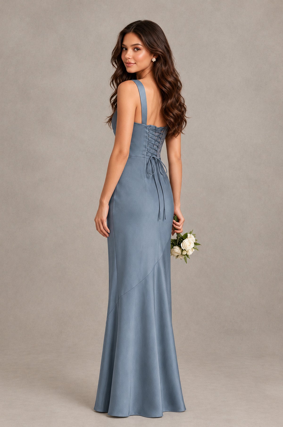BOLODOO Dusty Blue Square Neck Ruched Satin Lace-Up Bridesmaid Dress - Dusty Blue - Dusty Blue_2