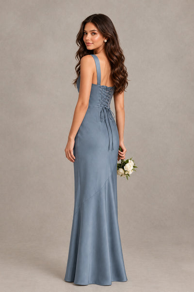 BOLODOO Dusty Blue Square Neck Ruched Satin Lace-Up Bridesmaid Dress - Dusty Blue - Dusty Blue_2