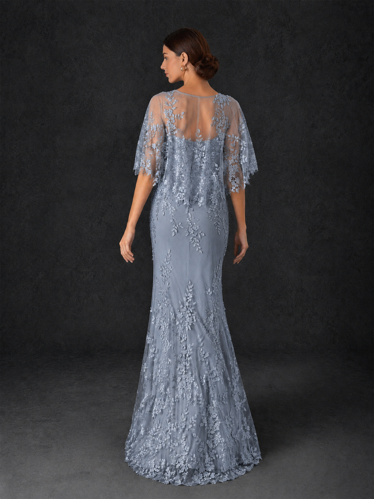 BOLODOO Mocha Dusty Blue Botanical Lace Flutter Sleeve Mermaid Gown - Dusty Blue