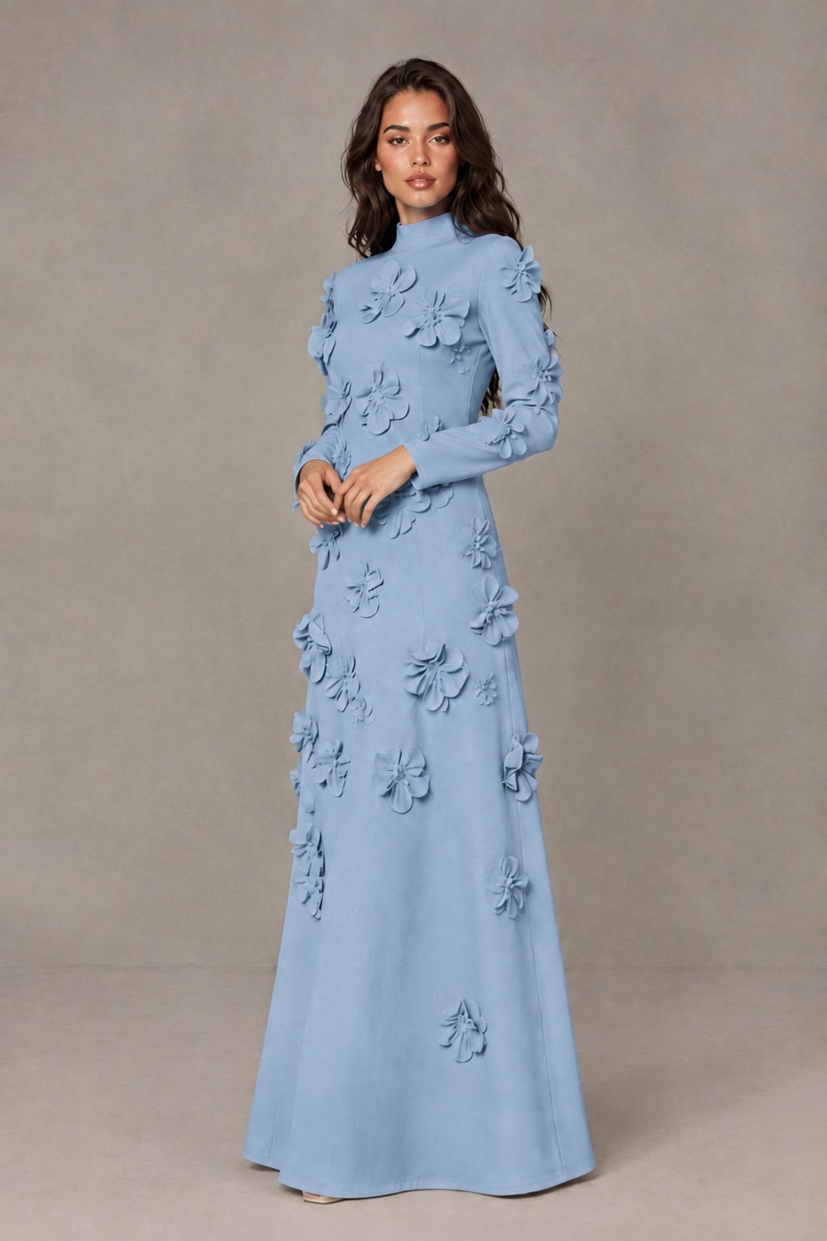 BOLODOO Dusty Blue High Neck Long Sleeve 3D Floral Evening Gown - Dusty Blue