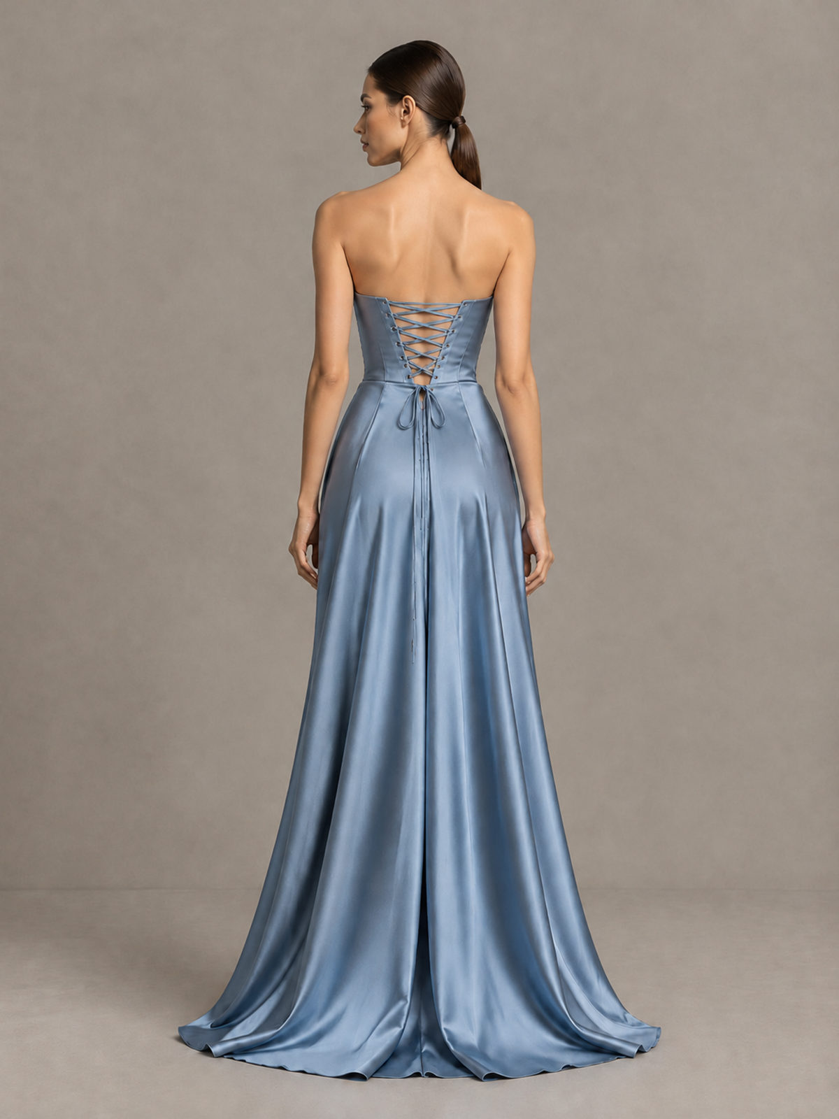 BOLODOO Dusty Blue Strapless Satin High-Slit Lace-Up Prom Dress - Dusty Blue - Dusty Blue_2