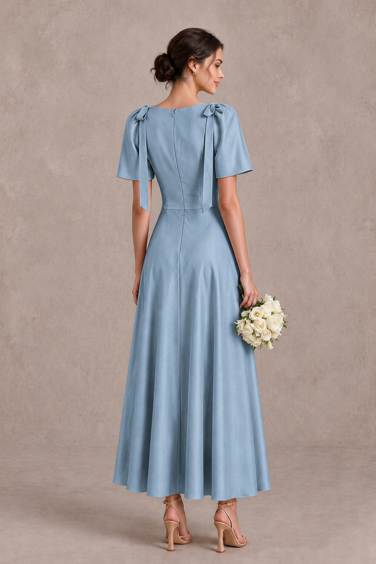 BOLODOO Dusty Blue V-Neck Short Sleeve Satin-Look Bridesmaid Dress with Shoulder Bows - Dusty Blue - Dusty Blue_2