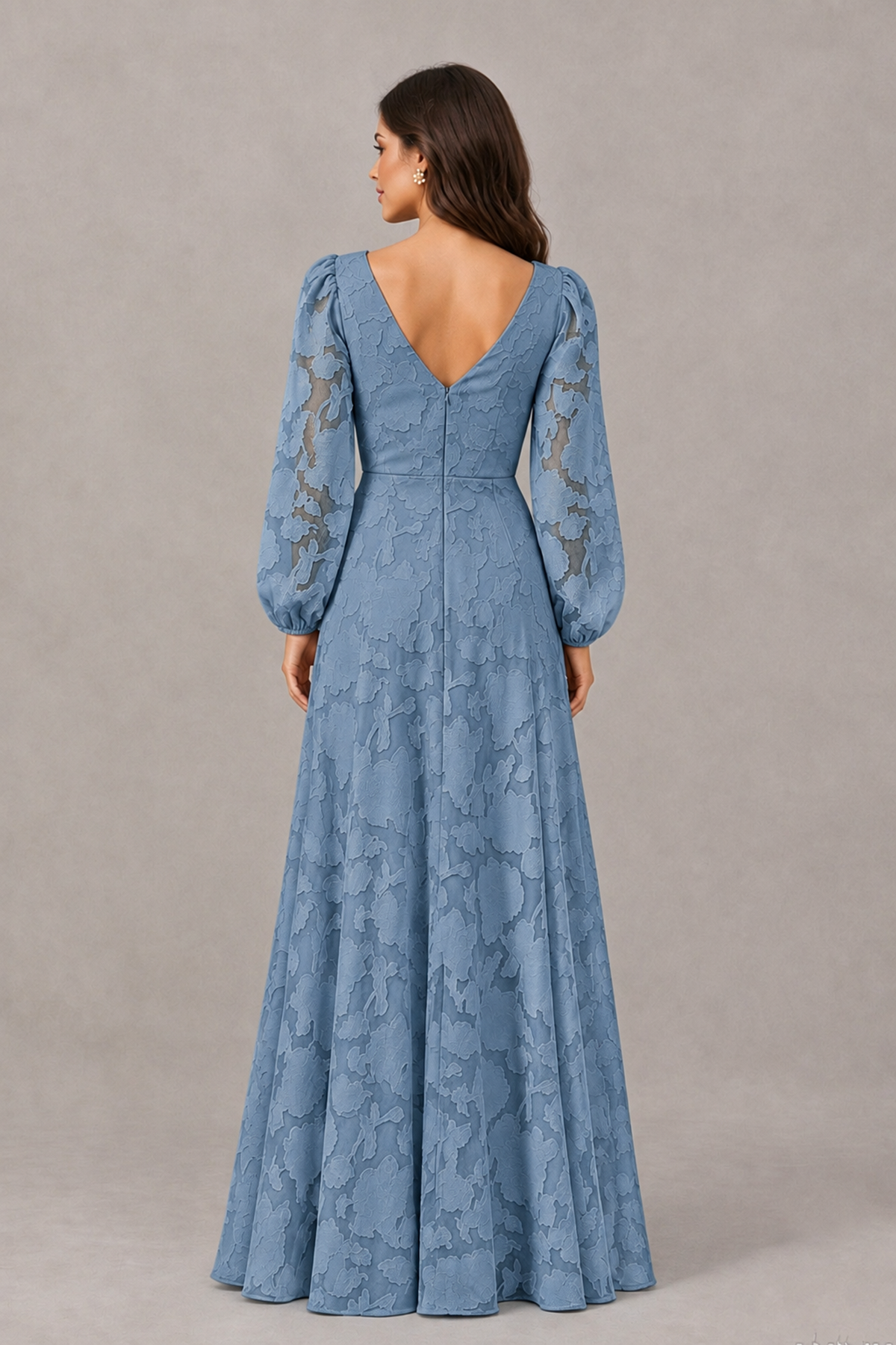 BOLODOO Dusty Blue Long Sleeve V-Neck A-Line Mother of the Bride Dress - Dusty Blue - Dusty Blue_2