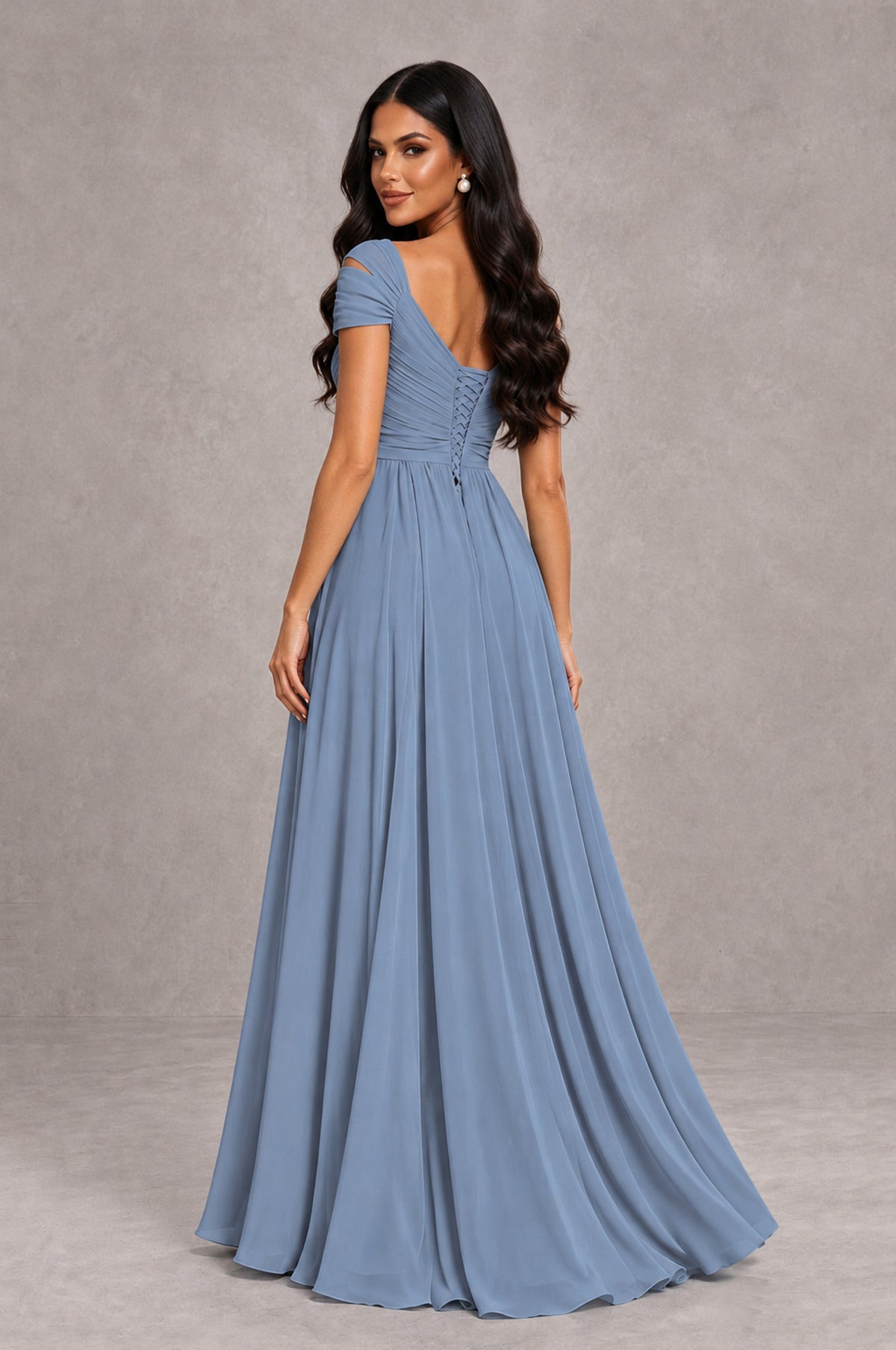 BOLODOO Dusty Blue Cold Shoulder Chiffon Evening Dress with V Neck and High Slit - Dusty Blue - Dusty Blue_2